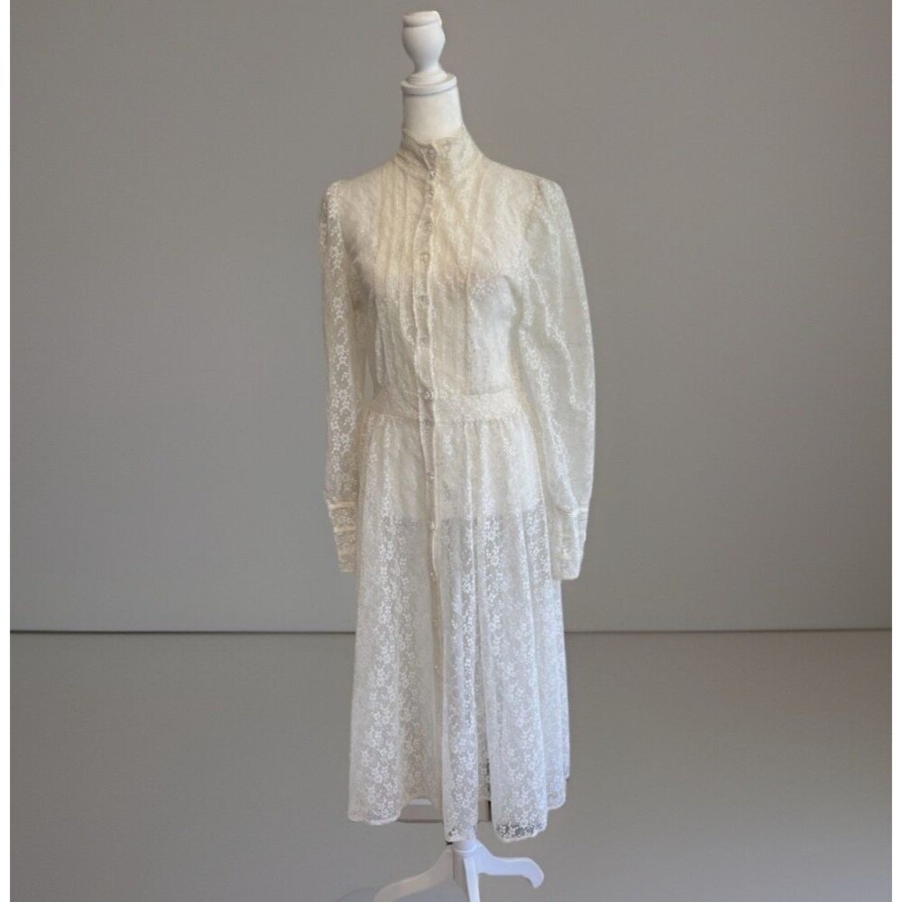 Vtg 70s Sz 10 Edwardian Prairie Lace Midi Dress Cottagecore Wedding Fairy